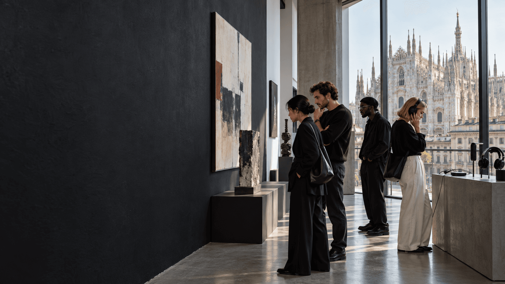Milan Connect concept: artists exploring a creative studio overlooking Milan Cathedral. AI-generated illustration, not an event photograph.